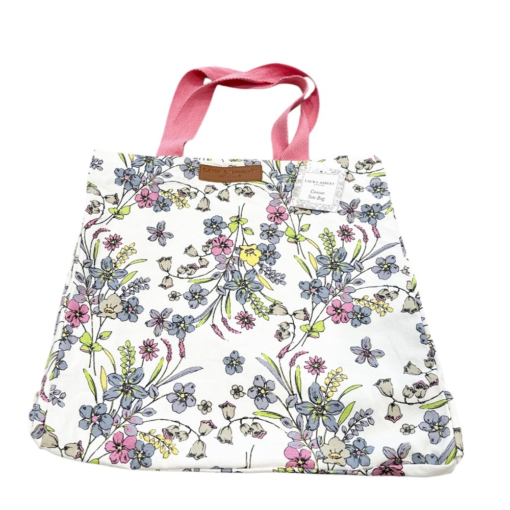 NEW Laura Ashley PINK & BLUE FLORAL DESIGN REUSABLE CANVAS TOTE w/Double Handles